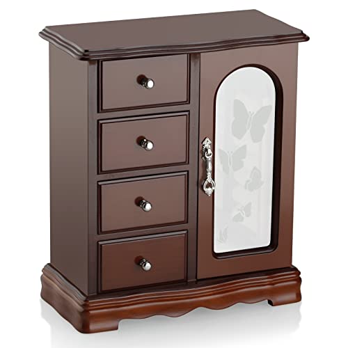 Rr Round Rich Design Jewelry Box - Made Of Solid Wood With 4 Drawers Organizer And Built-In Necklace Carousel And Large Mirror Brown #TOP1