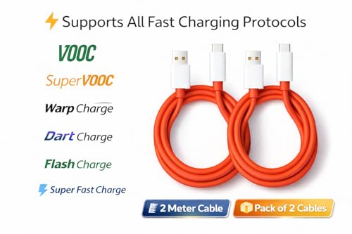 Image of 120W Ultra Fast Charging Cable, USB Type-A to Type-C, 10A High Speed, Pack of 2, 1m Red TPE Unbreakable, VOOC SuperVOOC Warp Dart Flash Compatible (2, 100, Centimeters)