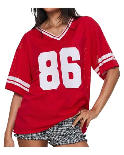 Y2K Damen Basketball T-Shirt Kurzarm V-Ausschnitt Gedruckt Nummer Extra Große Lose Jerseyshirt Blockecore Stil Ästhetische Streetwear, Rot H, L