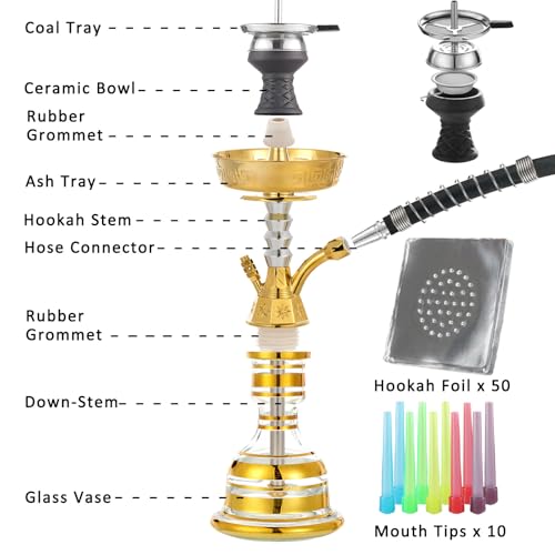 22" Hookah Set With Everything Portable Shisha Kit with Travel Case Glass Vase Silicone Bowl,Coal Tong,50 Hookah Foil,10 Hookah Disposable Tips - Image 3