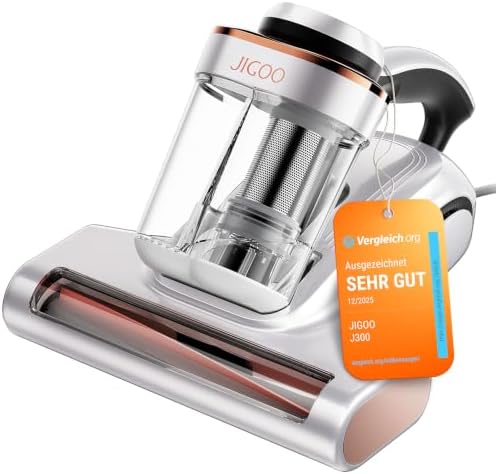 JIGOO J300 Milbensauger mit Staubmilben-Sensor und Intelligenter LED-Anzeige, 500W Milbenstaubsauger mit UV-Licht, Ultraschall, Für Allergiker, entfernt 99,9% Allergene von Matratz