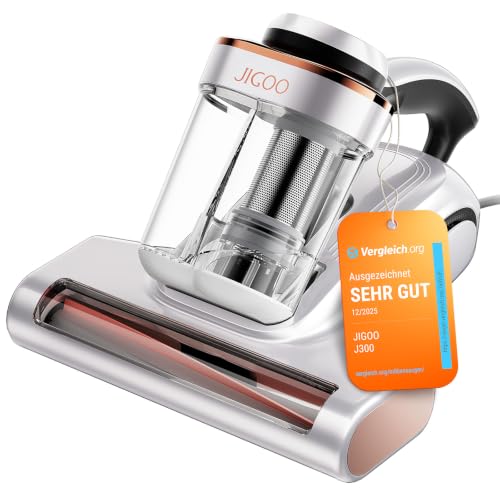 JIGOO J300 Aspirador de Ácaros con Sensor y Pantalla Digital, 500W, Doble Taza, Luz UV, para Alergias, Elimina 99.9% de Alérgenos en Colchones, Camas y Sofás