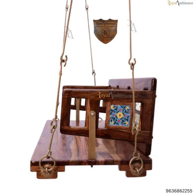 Image of Wooden /Jhula Reversible Tile with Brass Coated Chain Swing Without Cushion- Mannu (64 inch)