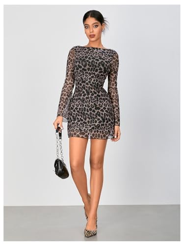 WDIRARA Women's Y2k Leopard Print Dress Mesh Bell Long Sleeve Backless Mini Dresses - Image 6