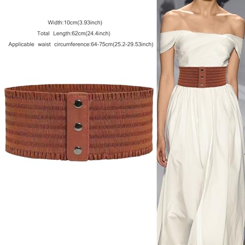 Women's Wide Elastic Belt Vintage Cinch Waistband Snap Button Corset Waist Band for Dress - Brown2