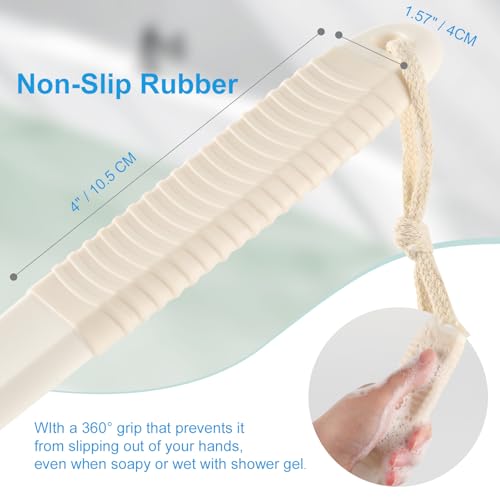 VANZAVANZU Limpiador de espalda para ducha, cepillo de baño con mango antideslizante de 43 cm de largo, cepillo corporal húmedo y seco para limpieza corporal, Crema blanco - imagen 3