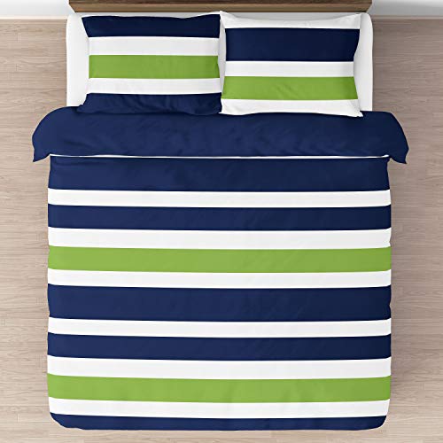 Navy Blue Lime Green And White Childrens, Kids, Teen 3 Piece Full/Queen Boys Stripe Bedding Set Collection #TOP2