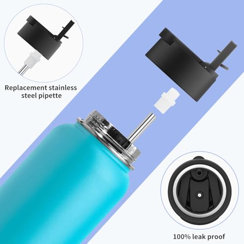 Image of koodee 32 oz Water Bottle with Wide Handle Straw Lid, Vacuum Insulated 18 /8 Stainless Steel Wide Mouth Flask (Sky Blue)