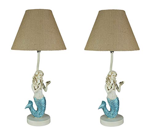 Zeckos Set of 2 Blue Glitter Mermaid Table Lamps Coastal Beach Decor Burlap Shades 22.5 Inches High