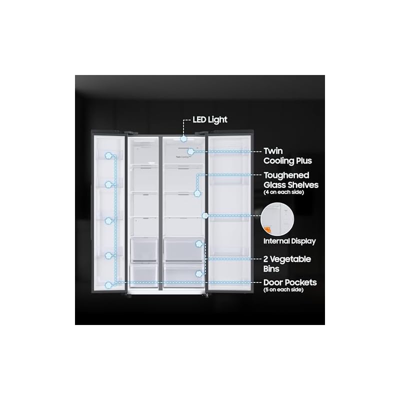 Samsung 653 L, 3 Star, Frost Free, Convertible 5-in-1 Digital Inverter, Side By Side WiFi Embedded Refrigerator (RS76CG8003B1HL, Black Matt, 2023 Model) - Image 4