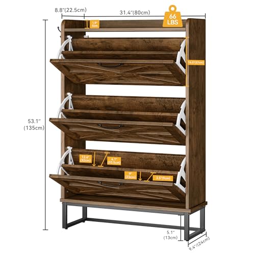 DWVO Farmhouse Shoe Storage Cabinet with 3 Flip Drawers, Slim Shoe Cabinet for Up to 24 Pairs, Narrow Shoe Rack for Entryway, Living Room, Hallway (Rustic Brown)