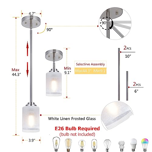 Galtlap Pendant Light Kitchen Island 2 Pack, Modern Glass Pendant Lighting Fixtures, Mini Hanging Pendant Lights Brushed Nickel For Dining Room Bar Bedroom Bathroom With White Linen Glass Shade #TOP3