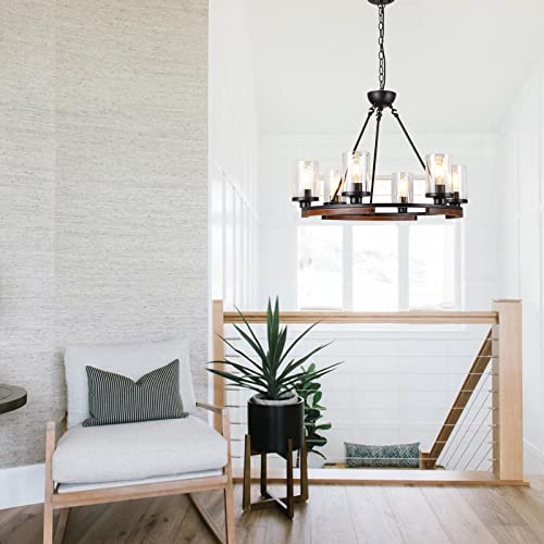 Nsrce Dia 28" Wagon Wheel Chandelier,6-Light Dining Room Light Fixture Over Table,Large Round Hanging Pendant Light Fixture With Glass Shade For Dining Living Room,Black Metal And Wood… #TOP1