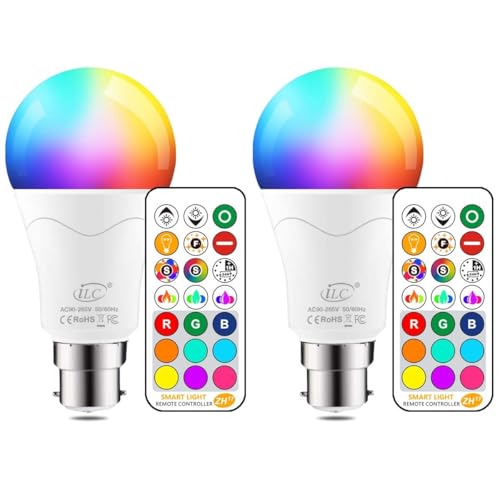 iLC Bombilla equivalente a 85 W que cambia de color, 12 W, bayoneta B22 RGBW, bombillas LED de color, RGB, blanco cálido 2700 K, intensidad regulable, mando a distancia incluido (paquete de 2)