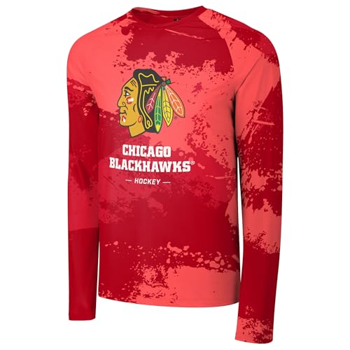 FOCO NHL Men's Official Primary Logo Wordmark Paint Stroke Polyester Performance Long Sleeve T-Shirt (US, Alpha, X-Large, Regular, Regular, Chicago Blackhawks - Red, Chicago Blackhawks)