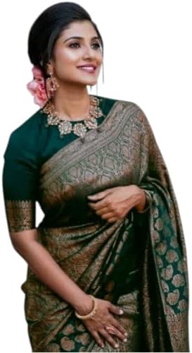 Flosive Banarasi Women's Sari Made of Soft Lichi Silk, Beautiful Jacquard-Rich Pallu Design, Work, Zari, Woven Kanjivaram Silk, Stylish Sari with Soft Lichi Silk Blouse