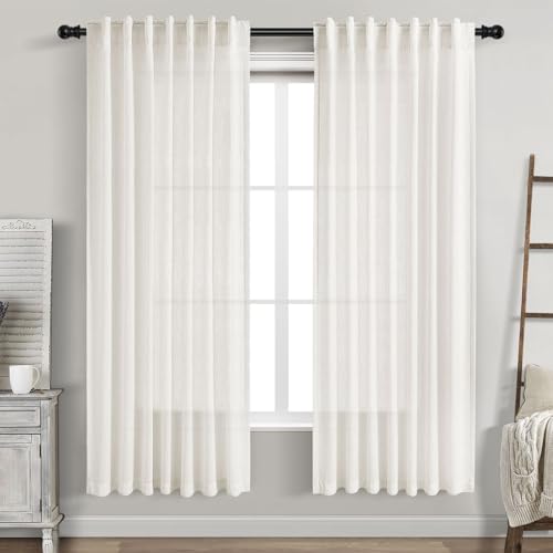 Image of Beige White Linen Curtains 72 Inch Length for Living Room Lightweight Door Drapes 2 Panels Set for Kids Bedroom Sheer Light Filtering Back Tab Rod Pocket Curtain for Kitchen Protect Privacy 52x72