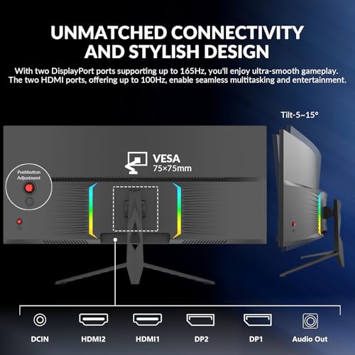 34 Inch Gaming Monitor Curved 165Hz UWQHD 3440x1440, Ultrawide Monitor, 1500R, 1Ms, 99% sRGB, HDMI 2.0, DP 1.4, FreeSync, HDR, Anti-Blue Light Eye Protection, VESA, Can Be Tilted - Image 6