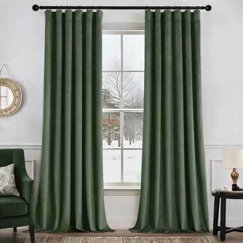Image of MIULEE Velvet Curtains 50W x 96L 2 Panels Olive Green Blackout Curtains | Luxury velvet fabric, pinch pleat design, back tab hooks, thermal insulated, blackout light blocking, for living room bedroom