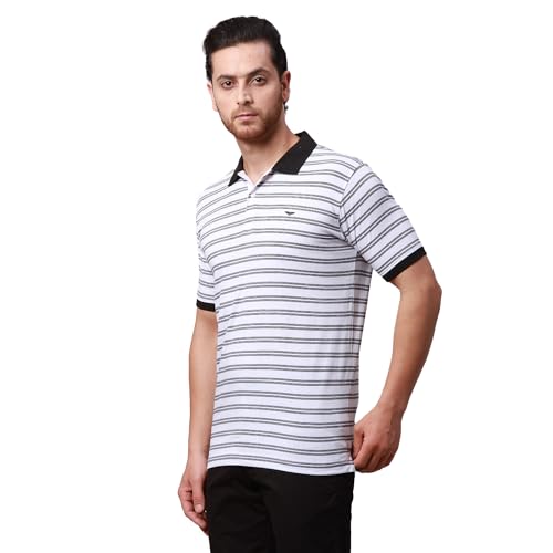 Image of Park Avenue Men's Cotton Polyester Blend Stripe Pattern Slim Fit Rib Collar Polo Neck Half Sleeve Casual T-Shirt