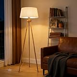 Aigostar Lampara de Pie tripode E27 Retro de Madera Maciza para Salón, Estilo Nórdico