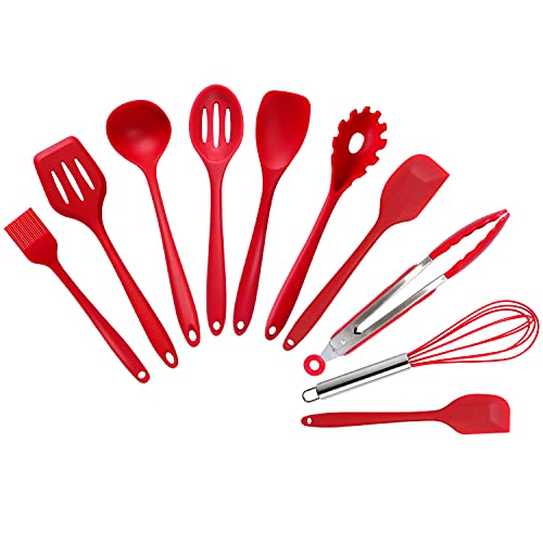 Silicone Kitchen Utensils Set，DiWoJin Seamless 10 Pcs series Red Kitchen Untensils Set heat Resistant BPA Free, Silicon Spatula Kitchen Utensils