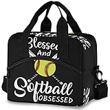 Oarencol Baseball Black Insulated Lunch Tote Bag Blessed and Softball Obsessed Softball Reusable Cooler Lunch Box with Shoulder Strap for Work Picnic School Beach