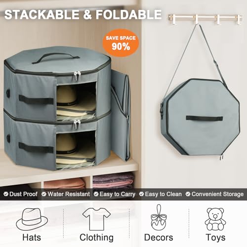 Bamneat Hat Box for Travel & Home Closet Storage, Side Reinforced Octagonal Case, Crush-proof, Dust-proof for Cowboy, Panama & Fedora Hats, Grey