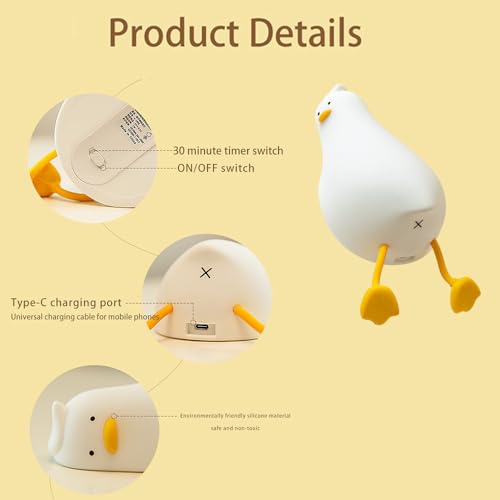 JMG-Myratts Veilleuse pour enfants, jolie lampe en forme de canard plat en silicone souple, à intensité variable, lampe de chevet pour bébé, tout-petit et adulte [classe énergétique G] (canard) – vue 6