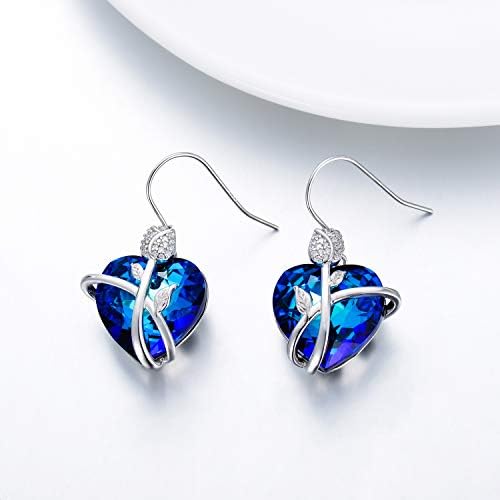 AOBOCO Rose-Flower Earrings Sterling Silver Love Heart Dangle Drop Earrings Birthday Wedding Anniversary Jewellery Gifts for Women Her Wife Mum Girlfriend