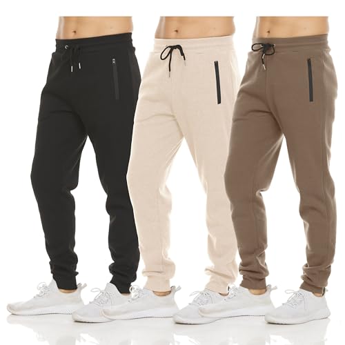 Pure Champ Mens 3 Pack Fleece Active Athletic Workout Jogger Sweatpants for Men with Zipper Pocket and Drawstring Size S-3XL, Black, Brown Heather, Oatmeal Heather, Large