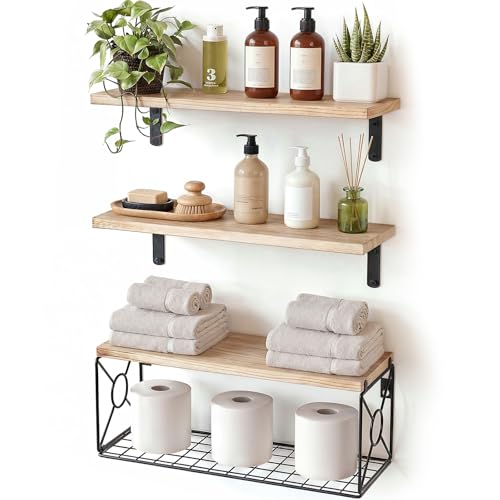 AMADA HOMEFURNISHING Étagère Murale avec Paniers Fil Métallique, Lot de 3 Étagere Salle de Bain Massif pour Déco Murale Étagère Murale Bois Salon, Cuisine, Bureau, Bois Clair