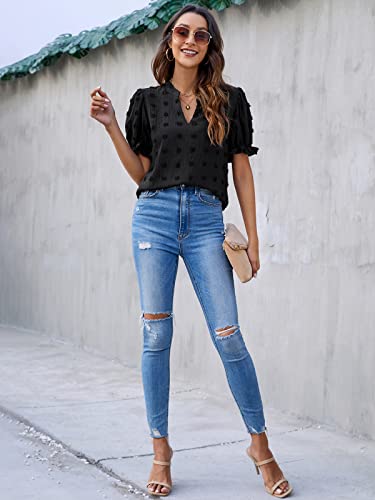 Blooming Jelly Women's Puff Sleeve Casual Tops Fashion White Polka Dot Blouses Dressy Ladies Summer Tops(Black,Small) #TOP4