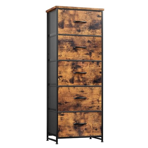 Nicehill Chest of Drawers, 5-Drawer Tall Dresser for Bedroom, Wood Top, Sturdy Steel Frame, Chest of Drawers for Closet, Hallway, Rustic Brown