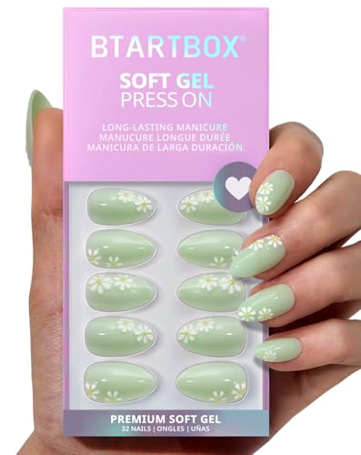 BTArtbox Press On Nails Short - Meadow Daisy Easy-to-Apply 3D Flower Pastel Green Almond Press On Nails with Glue and Adhesive Tabs in 16 Sizes - 32 Nails All-in-One Kit