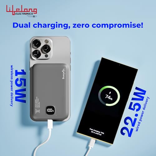 Image of Lifelong Electronics Magsafe Wireless 10000Mah Fast Charging USB Type-C Input Power Bank, Strong Magnet, 22.5W Output For iPhone 12 & Above, Android & Qi Enabled Devices, Extra Magnetic Ring & Compact
