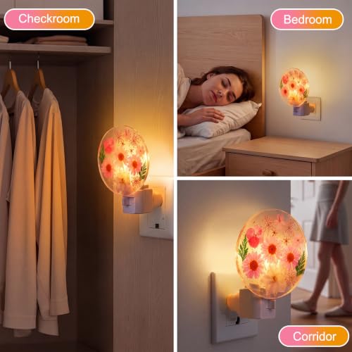 Image of Glooglitter Pressed Flower Night Light Plug in-Handmade Dried Floral Wall Night Light, Glow Decorative Nightlight for Hallway Bedroom Nursery Bathroom, Vintage Botanical(Pink, Flower)
