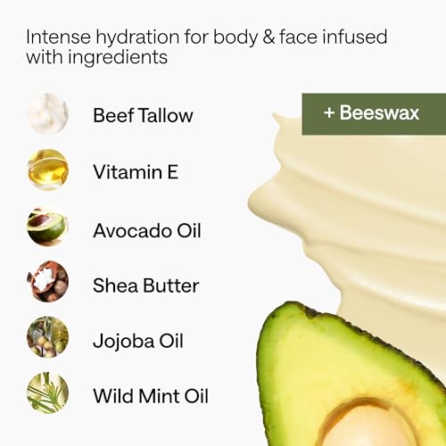 Grass Fed Beef Tallow for Skin and Face with Avocado Oil - Dry Skin Face Moisturizer for Men & Women - Beef Tallow Moisturizer for Face & Body - 1 Beef Tallow Balm for Face, 1 Wooden Spatula & Bag