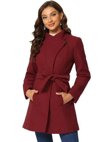 Image of Allegra K Women's Winter Elegant Stand Collar Overcoat Long Belted Pea Coat