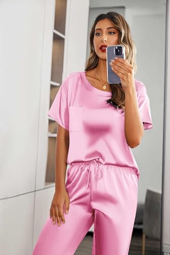 Image of Ekouaer Womens Satin Silky Pajama Set Short Sleeve Shirt with Long Pajama Pant Set Soft PJ Loungewear