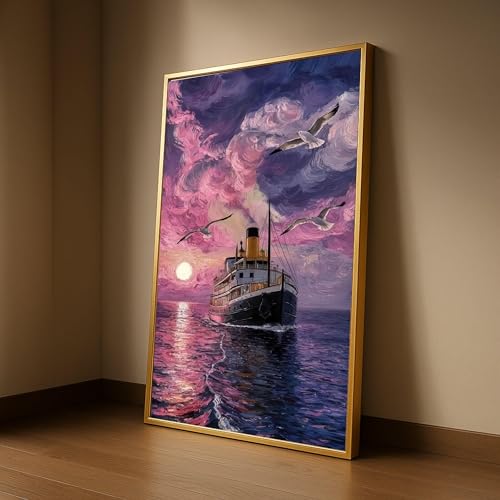 Tableau vintage bateau à vapeur océan | Toile marine coucher de soleil 40x70cm