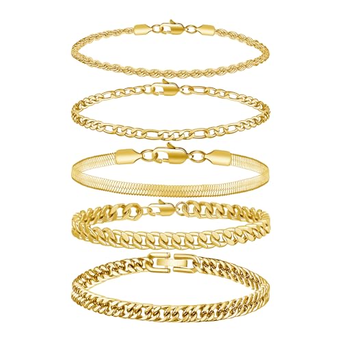 RANKEEF Pulseras Oro para Hombres - Pulseras Acero Inoxidable Figaro Cuerda Eslabón Cubano 5pcs Acero Inoxidable Pulsera Hombre Oro Set 19/21/23 cm Regalos para Papá, Esposo, Novio