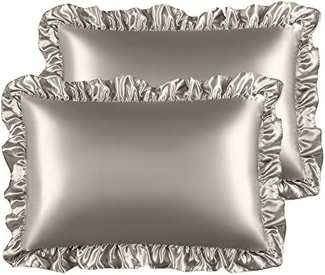 STONECREST Ruffle Satin Pillow Sham for Hair and Skin, Soft Silky Satin Pillow Cover with Envelop Closure Pillowcase Set of 2(20" x 36")(Silver Grey, King)