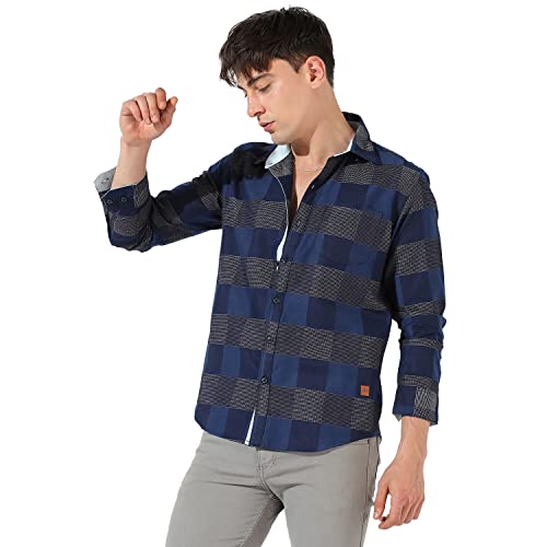 Image of CAHOOT Men's Blue Checkered Button Up Collared Shirt for Casual Wear | Shirt Crafted with Regular Sleeve, High-Performance & Comfort Fit for Everyday Wear