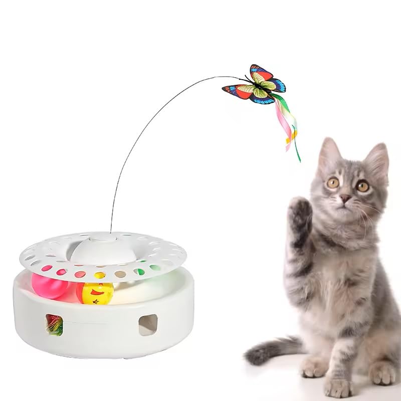 DAMMAO Cat Toys - 3 in 1 Interactive Automatic Kitten Toy, Fluttering Butterfly, Mobile Ambush Feather, Ball Track, Dual Power Sources, USB Powered,