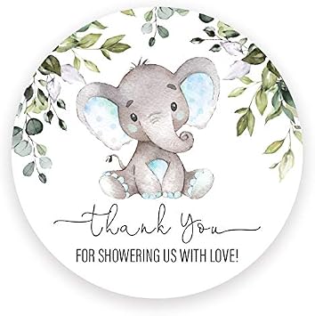 2"" Round Elephant Baby Shower Thank You Favor Stickers 40 Labels Blue Elephant - Green Leaves