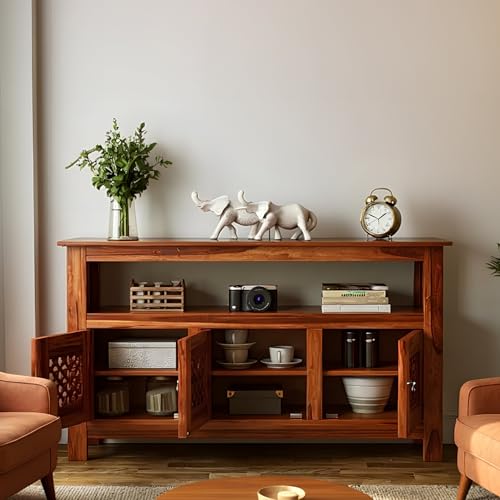 Image of Amazon Brand - Solimo Solid Sheesham Wood Jharokha Sideboard Cabinet with 3 Doors & 1 Open Shelf | Multipurpose Wooden Storage Organizer for Living Room, Bedroom, Kitchen, Office (Honey Finish)