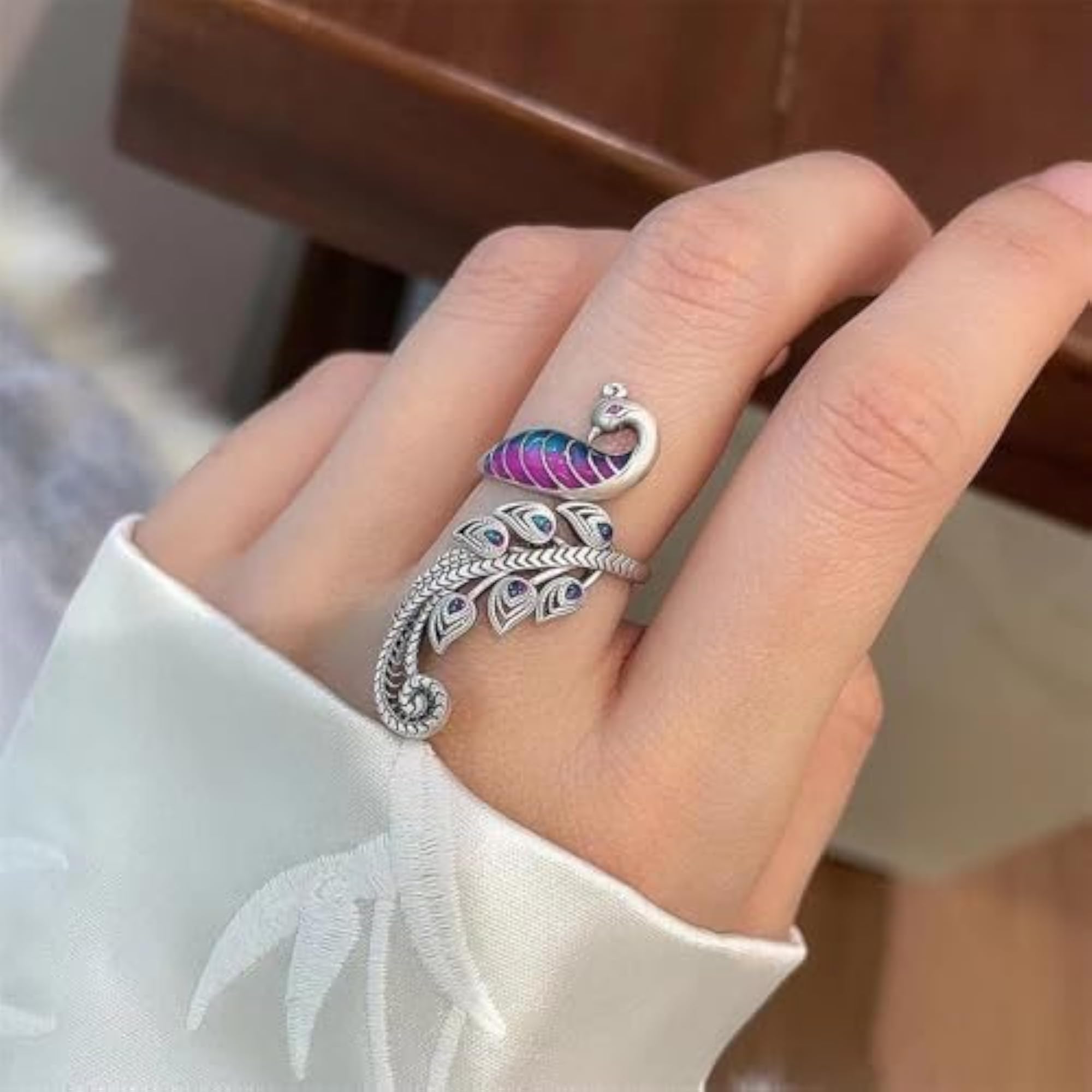 Dainty Peacock Statement Open Rings for Women, Adjustable