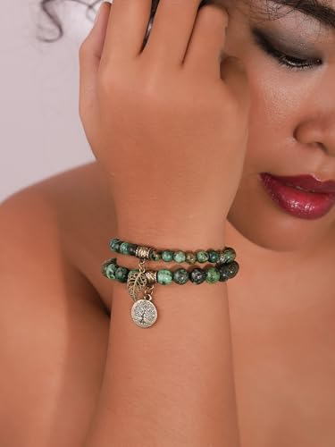 MINACHI Bohemian Beaded Bracelet Set, 2-Piece Layered, Created Stone with Leaf Tree Charm, Gift for Women4