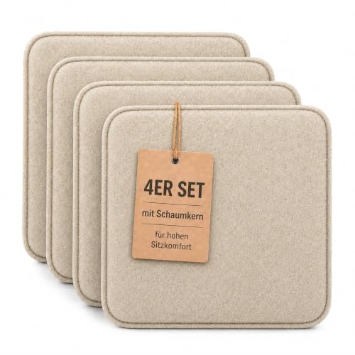 KAMACA Sitzkissen 4er Set 35x35 cm Eckig Sand/Naturton - Stuhlkissen aus Filz Gepolstert mit...